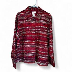 Coldwater Creek Striped Paisley Textured Embroidered Button Down Blouse XL